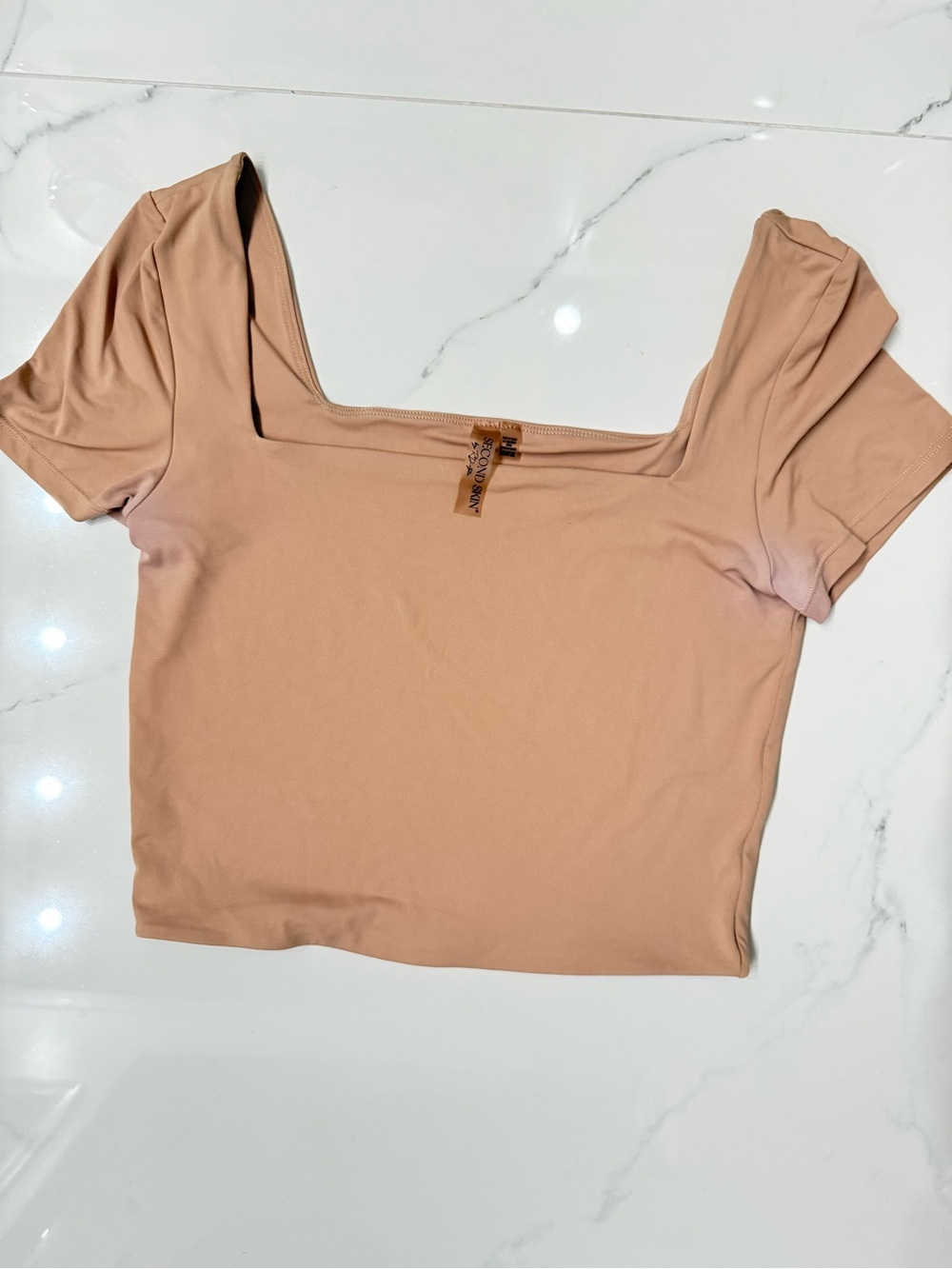 Second Skin Square Neck Short Sleeve Crop Top Nude Beige M